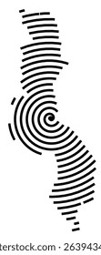 Abstract map of Malawi showing the country with a black spiral line
