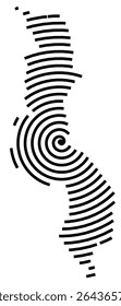 Abstract map of Malawi showing the country with a black spiral line