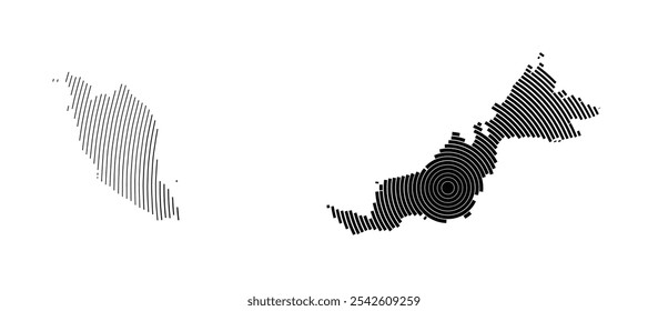 Abstract map of Malaysia showing the country with concentric black tapering lines