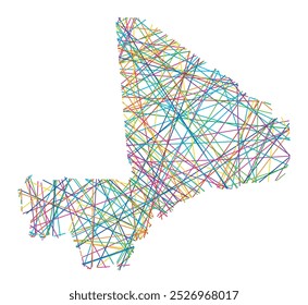 Abstract map of Mali showing the country with random crossing colored lines like a spider web