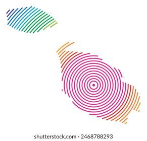Abstract map of Malta showing the area ot the country with concentric rings in rainbow colors like a shooting target.