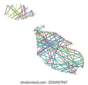 Mapa Abstractas de Malta que muestra el país con líneas de colores cruzadas al azar como un Web de araña