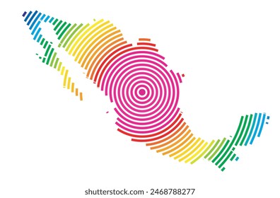 Abstrakte Karte von Mexiko, die das Gebiet des Landes mit konzentrischen Ringen in Regenbogenfarben wie ein Schießziel zeigt.