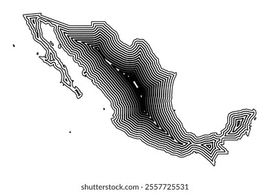 Abstract map of Mexico showing the country border buffered inside with black tapering lines