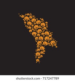 abstract map of moldova filled with orange halloween pumpkins heads on a black background
