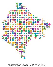 Mapa Abstractas de Montenegro dibujado con círculos superpuestos de colores como dulces o caramelos