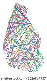 Abstract map of Montserrat showing the country with random crossing colored lines like a spider web