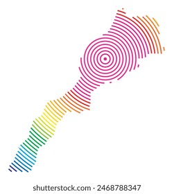 Abstract map of Morocco showing the area ot the country with concentric rings in rainbow colors like a shooting target.