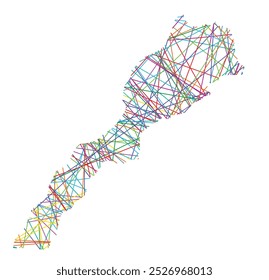 Abstract map of Morocco showing the country with random crossing colored lines like a spider web