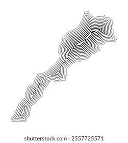 Abstract map of Morocco showing the country border buffered inside with black tapering lines