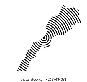 Abstract map of Morocco showing the country with a black spiral line