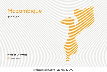 Abstrakte Karte von Mosambik in einem Circle Spiral Muster mit einer Hauptstadt von Maputo. Afrikanisches Set.