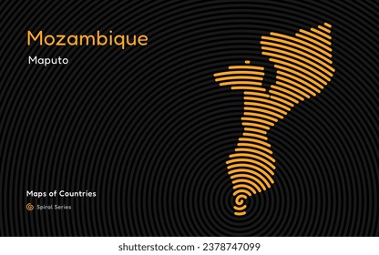 Mapa abstracto de Mozambique en un patrón circular en espiral con la capital Maputo. Conjunto Africano.