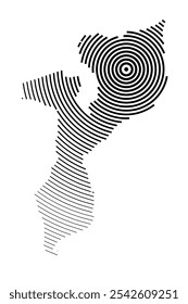 Abstract map of Mozambique showing the country with concentric black tapering lines