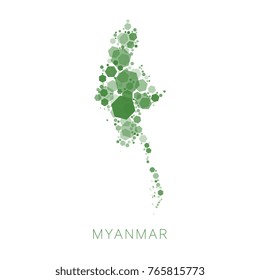 abstract map of myanmar filled with mosaic of hexagons of different sizes and degrees of transparency
