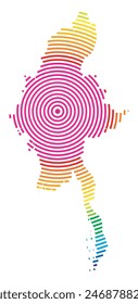 Abstract map of Myanmar showing the area ot the country with concentric rings in rainbow colors like a shooting target.