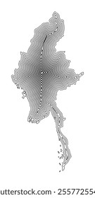 Abstract map of Myanmar showing the country border buffered inside with black tapering lines