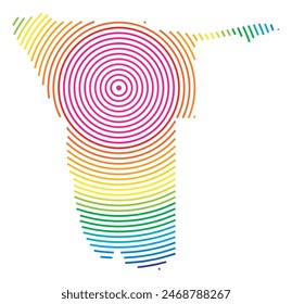 Abstract map of Namibia showing the area ot the country with concentric rings in rainbow colors like a shooting target.
