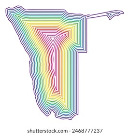 Abstract map of Namibia showing the country with concentric rings in rainbow colors.