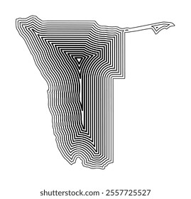 Abstract map of Namibia showing the country border buffered inside with black tapering lines
