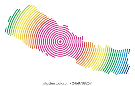 Abstract map of Nepal showing the area ot the country with concentric rings in rainbow colors like a shooting target.