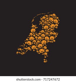 abstract map of netherlands filled with orange halloween pumpkins heads on a black background
