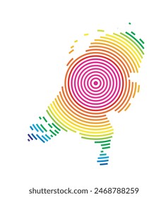 Abstract map of Netherlands showing the area ot the country with concentric rings in rainbow colors like a shooting target.