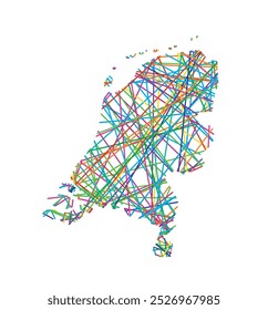 Mapa de Países Baixos mostrando o país com cruzamentos aleatórios linhas coloridas como uma teia de aranha