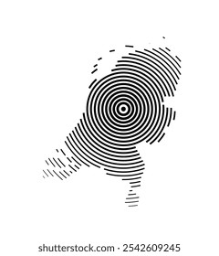 Abstract map of Netherlands showing the country with concentric black tapering lines