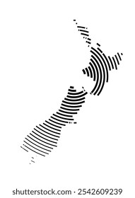 Abstract map of New Zealand showing the country with concentric black tapering lines