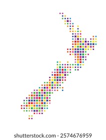 Abstract map of New Zealand showing the country with a pattern of colorful squares