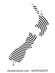 Abstract map of New Zealand showing the country with a black spiral line