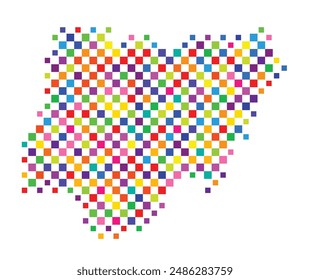 Abstract map of Nigeria with a pattern of colorful squares like a chess board