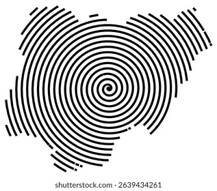 Abstract map of Nigeria showing the country with a black spiral line