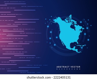 Abstrakte Karte der Nordamerika-Technologie mit High-Tech-Hintergrundschaltung für digitale Datenverbindungen.