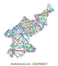 Abstract map of the North Korea showing the country with random crossing colored lines like a spider web