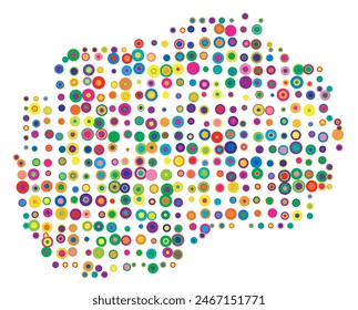 Abstract map of North Macedonia drawn with overlapping colored circles like sweets or candies