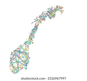 Abstract map of Norway showing the country with random crossing colored lines like a spider web