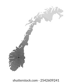 Mapa abstrato da Noruega mostrando o país com linhas concêntricas afuniladas negras