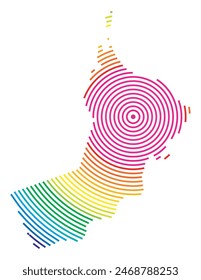 Abstract map of Oman showing the area ot the country with concentric rings in rainbow colors like a shooting target.