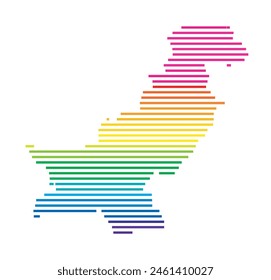 Abstract map of Pakistan showing the area of the country with horizontal parallel lines in rainbow colors