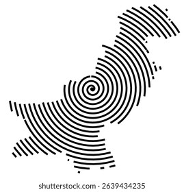Abstract map of Pakistan showing the country with a black spiral line