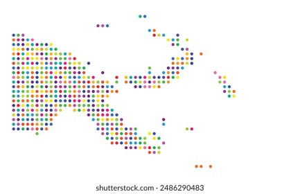 Abstract map of Papua New Guinea showing the area of the country with a pattern of colorful circles
