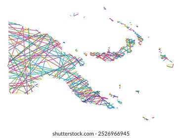 Abstrakte Karte von Papua-Neuguinea, die das Land mit zufälligen, sich kreuzenden farbigen Linien zeigt, wie ein Spinnennetz