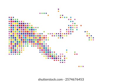 Abstract map of Papua New Guinea showing the country with a pattern of colorful squares