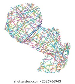 Mapa abstrato do Paraguai mostrando o país com cruzamentos aleatórios linhas coloridas como uma teia de aranha