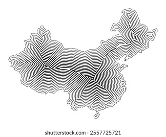 Abstract map of People's Republic of China showing the country border buffered inside with black tapering lines