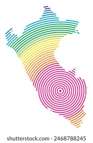 Abstrakte peruanische Landkarte, die das Gebiet des Landes mit konzentrischen Ringen in Regenbogenfarben wie ein Schießziel zeigt.