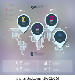 Abstract map pin icon design with shadows on minimal world map background  Eps 10 stock vector illustration 