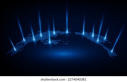 Mapa abstracto del planeta. Mapa mundial. Red social global. Futuro. Fondo azul futurista con el planeta Tierra. Internet y tecnología. Antecedentes de innovación en el concepto de comunicación de Hitech, 
